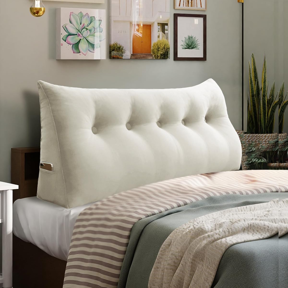 11 lbs Thickened Queen Headboard Pillow for Sitting Up in Bed, Back Support Reading Pillow with Side Pocket and Velvet Removable Cover, Triangular Large Wedge Headboard Pillow