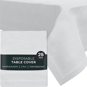 HOUZZKINGZ USA White Paper Tablecloths for Rectangle Tables | 54 X 108 25 Pack | 3-Ply Premium Paper & Plastic Table Cloths for Parties Disposable