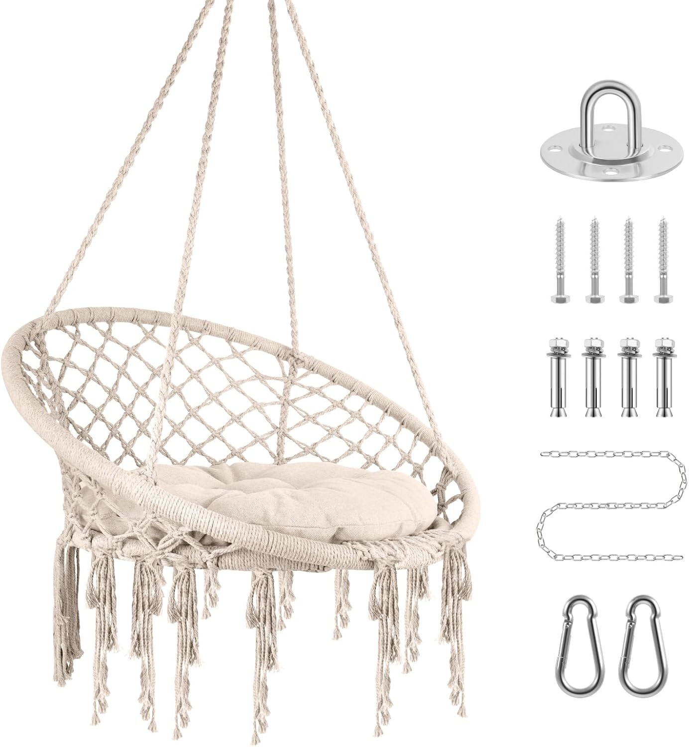 Hammock Chair,330LBS Hanging Swinging Chair,Soft Cotton Rope Swing Chair with Cushion for Indoor Outdoor Bedroom Porch Balcony (Beige)
