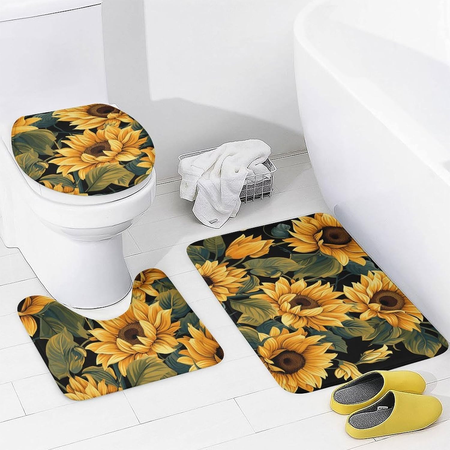 Sunflower Thank You for Brightening My Life Shower Curtain Set 4 Piece, Non-Slip Bath Mat with Toilet Lid Cover and Waterproof Shower Curtain with 12 Hooks, Complete Bathroom Set for Home Decor