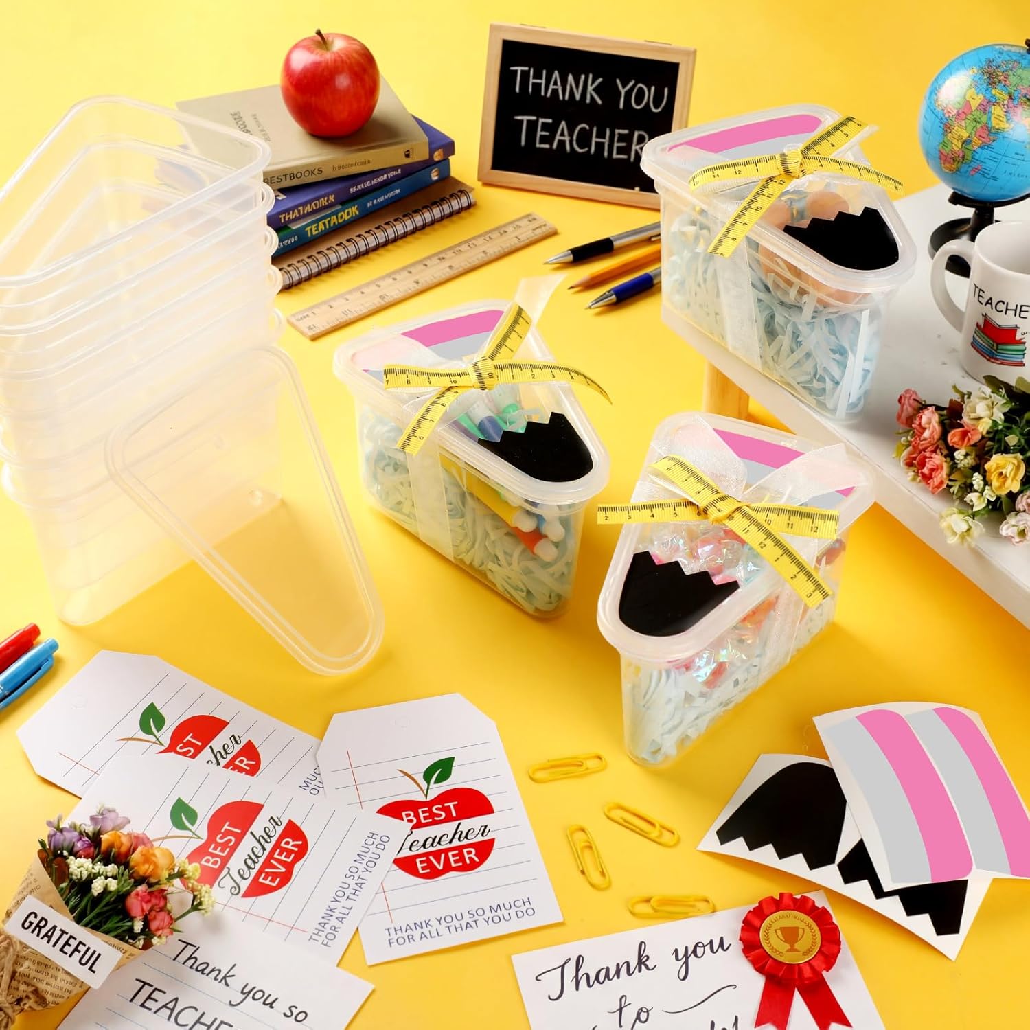 Tinlade 12 Set DIY Pencil Container Appreciation Teacher Gifts with Apple Cards Ruler Ribbon Back to School Plastic Treat Boxes for Teachers Thank You Gifts for Classroom School Party Favors