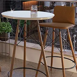 Mesa Alta Bistrô Tampo de Vidro Temperado Redonda Retrô Área Gourmet Varanda Churrasqueira Cozinha Pequena Apartamento com Pés Madeira Maciça Industrial (Offwhite)