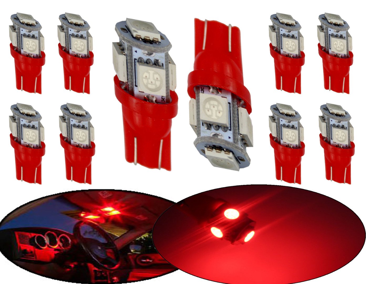 ModIt Modit T10 5-SMD LED Wedge Bulbs W5W 194 168 2825, for Signal Lights, Trunk Lights, Dashboard Lights, Parking Lights, Red (10 Pieces)