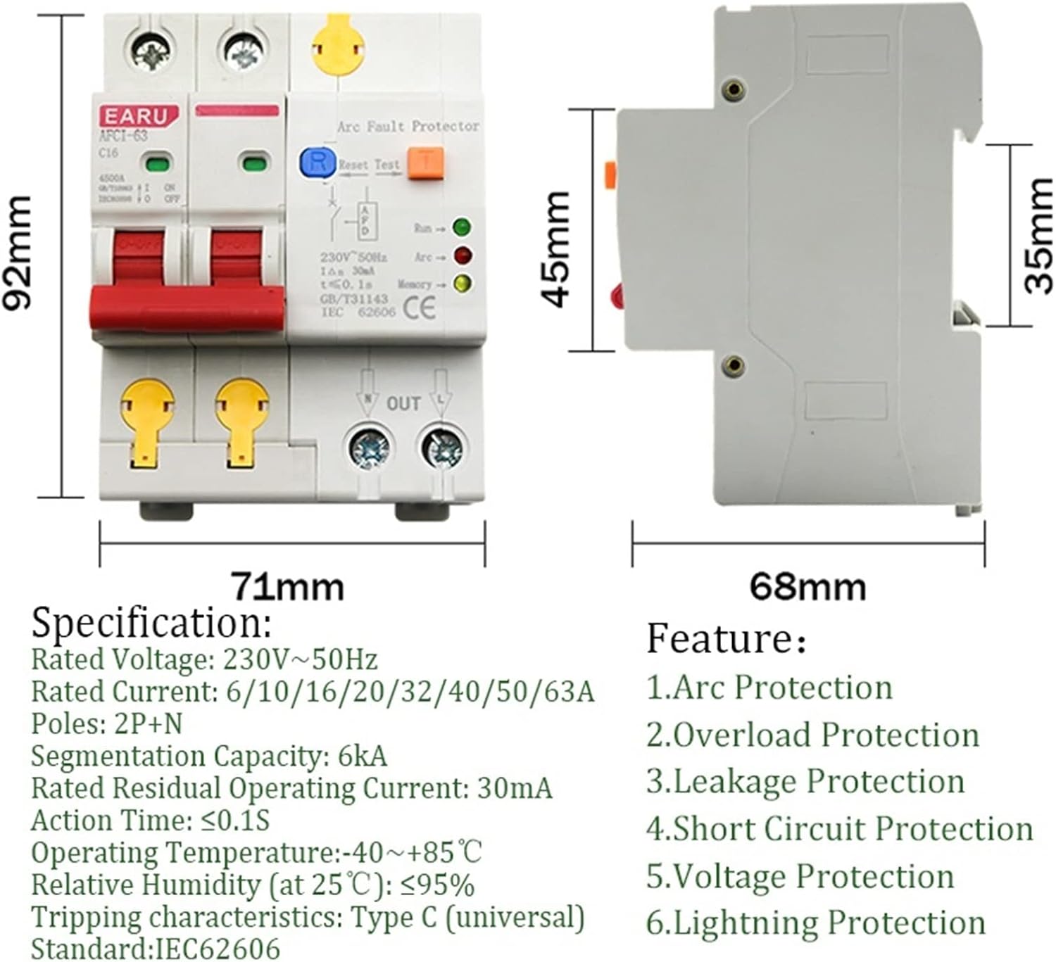 40A 2P AFDD AFCI Arc Fault Protector Dector Circuit Breaker Interrupte Overload Earth Leakage Short Circuit Voltage Protection