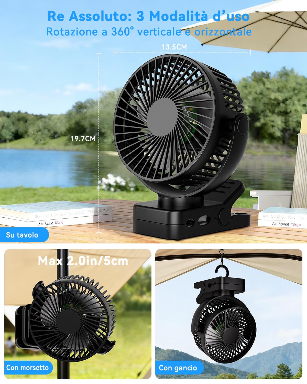 Ventilatore 4 in 1 a Pinza, Batteria 12000 mAh Ricaricabile USB, Portatile con Telecomando, Luce LED, 3 Velocità, Timer, Rotazione 360°, per Tavolo, Auto, Passeggino, Campeggio ed Esterno, Nero