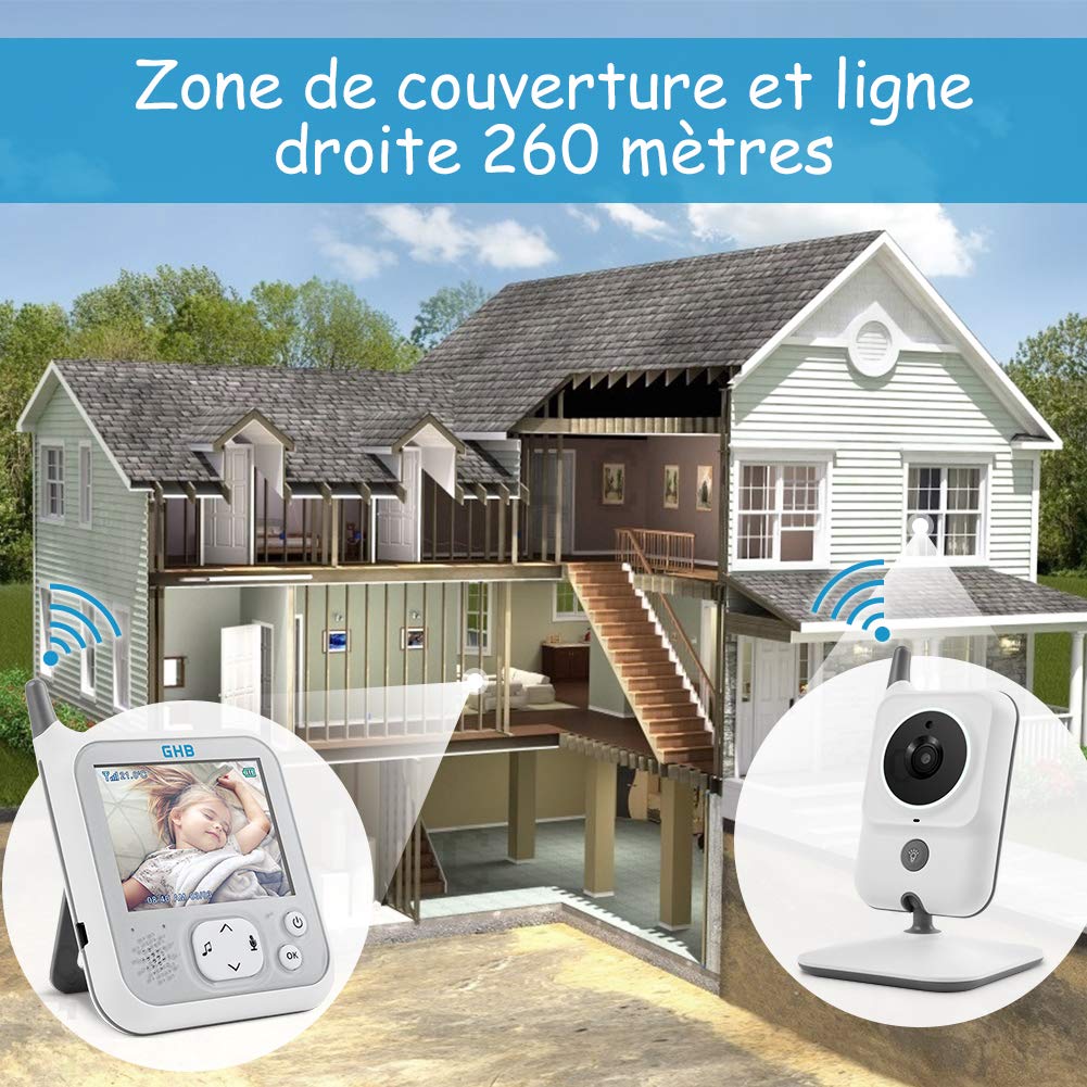 GHB Bebé Monitor Babyphone Cámara de 3,2 pulgadas LCD de 2,4 GHz con Fonciton VOX Sensor de temperatura Comunicación Bidireccional Visión Nocturna