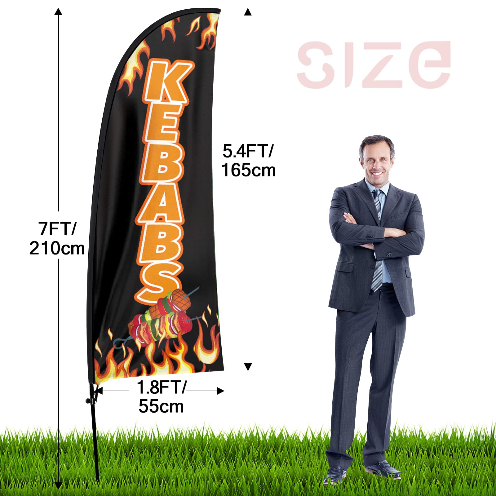 Kebab, bandiera pubblicitaria con piume, 2,1 m, con kit di asta, colore: nero