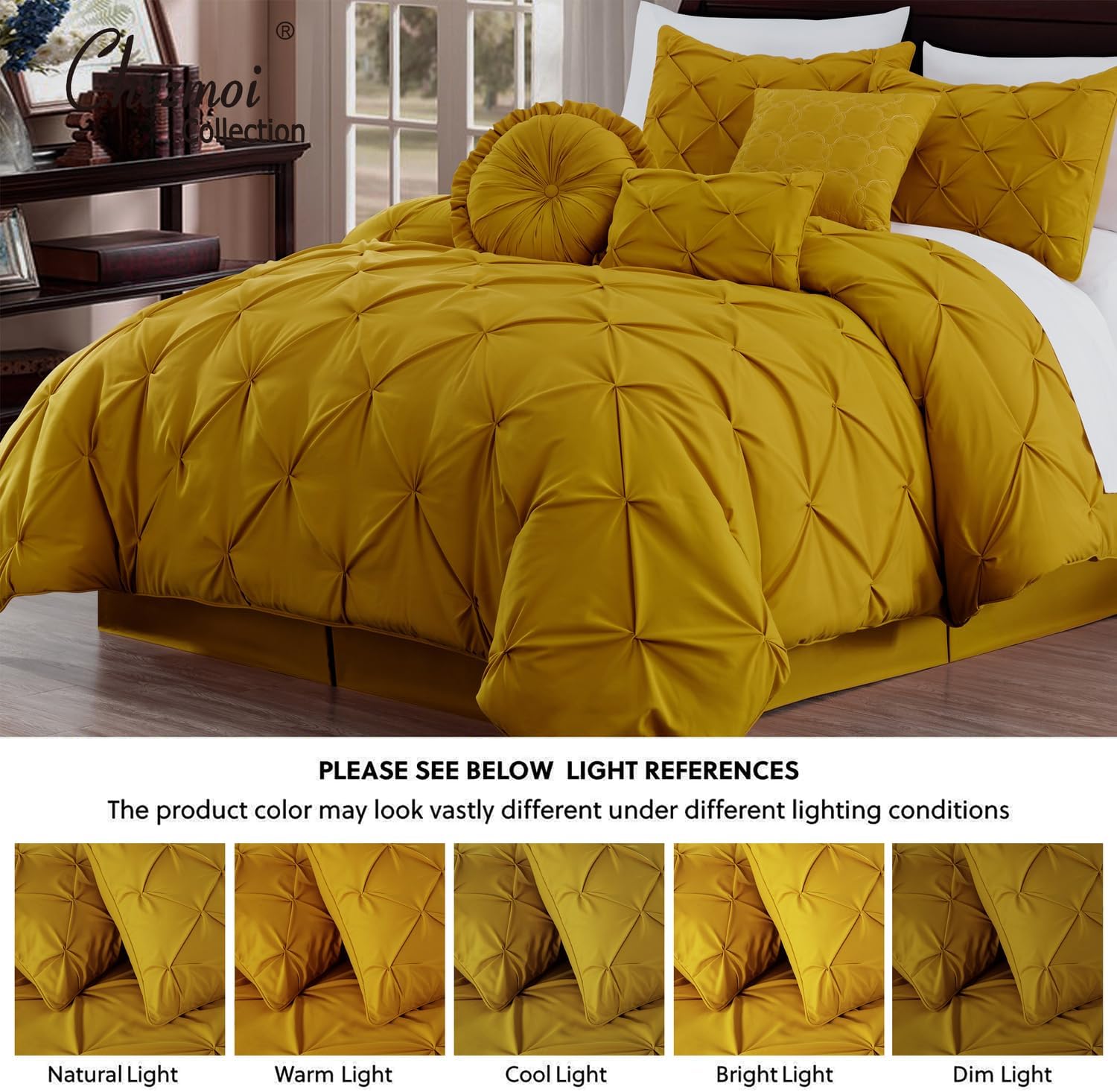 Chezmoi Collection Sydney Full Size Comforter Set - 7-Piece Pintuck Bedding - Mustard Yellow, Elegant Lightweight Pinch Pleat Comforter with Decorative Pillows Bed Set for All Season