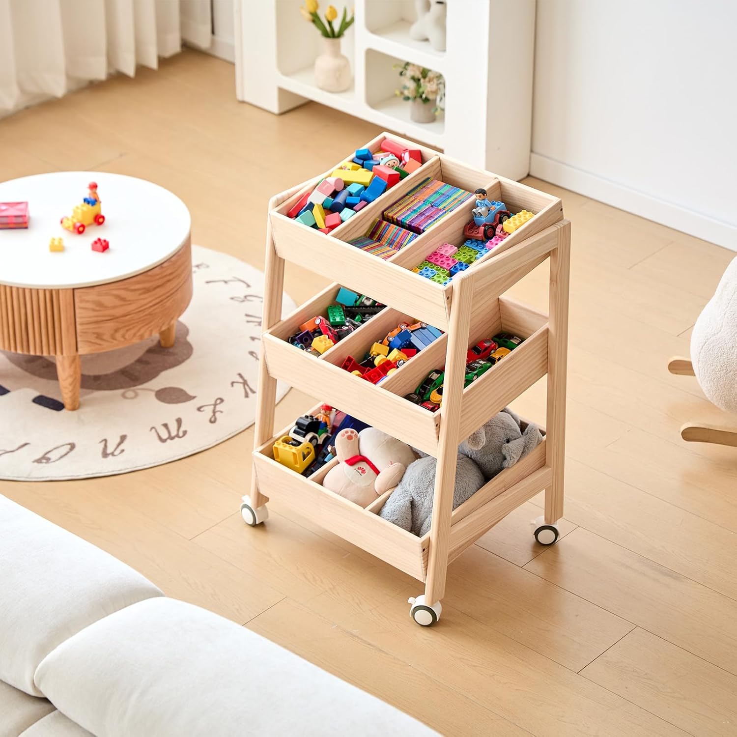 3 Tier Wooden Storage Shelf Organizer with Wheels for Toy Book Wood Storage Rack Open Display Shelf Kids Gift Natural
