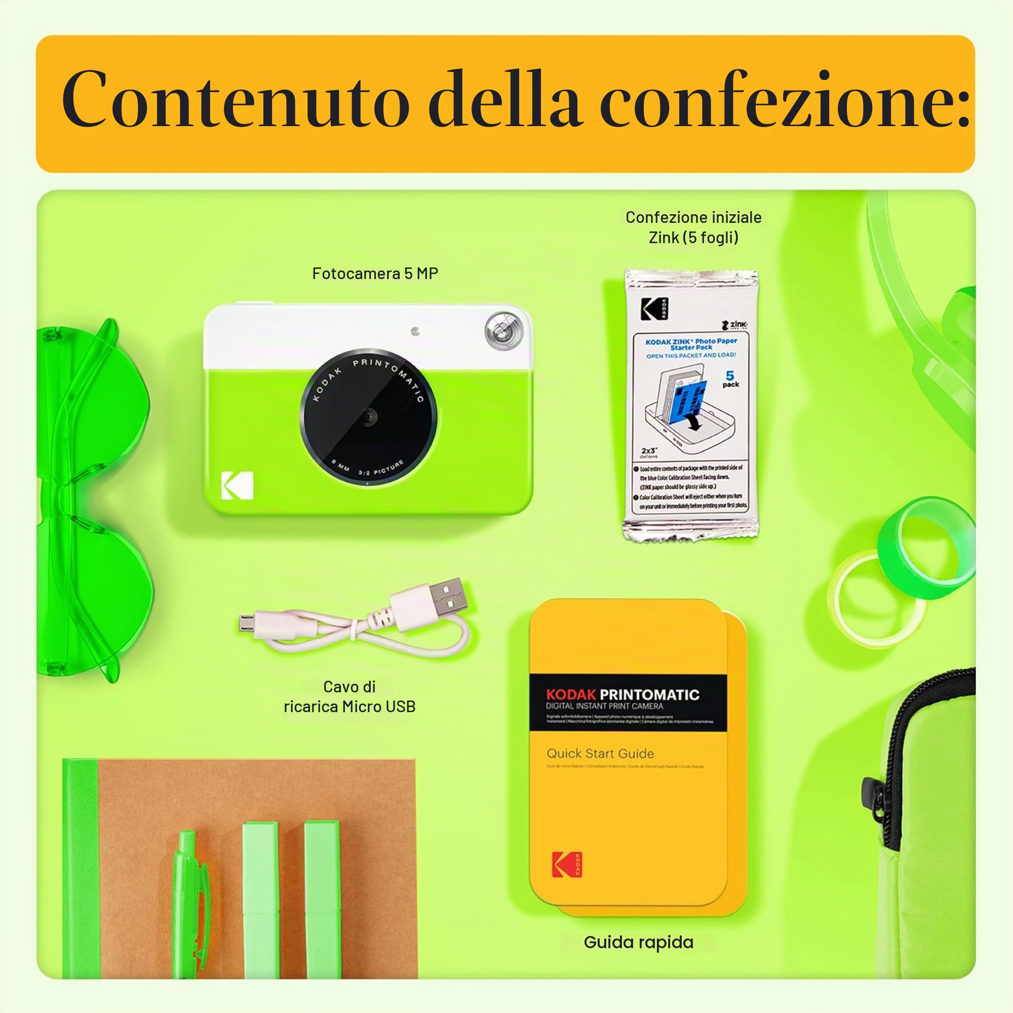KODAK Printomatic fotocamera a stampa istantanea + custodia morbida + carta fotografica Zink 2x3" 20pz + album + adesivo + cornici per adesivi + cornici sospese + pennarelli - Verde
