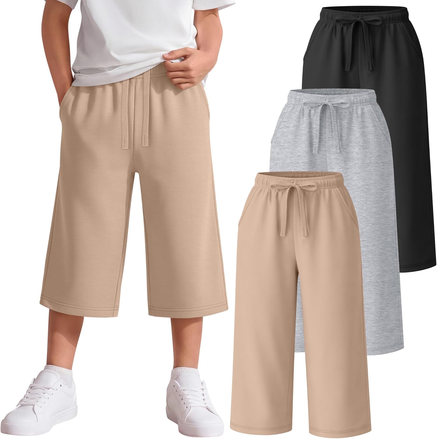Oakgarden 3 Pack Boys Capri Pants Kids Youth 3/4 Cropped Sweatpants Below Knee Loose Summer Pants with Pockets Drawstring