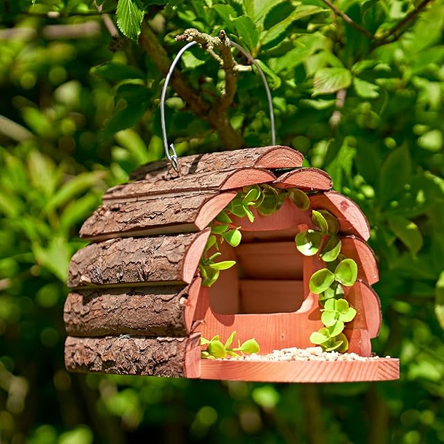 SA Products Wooden Squirrel Feeder - Natural Bark Wood Material - Hanging Nesting Feeding Station for Bird, Animals - Outdoor Garden Wild Food Storage Box for Nuts, Peanuts, Seeds, Fruit - 16x24x15cm