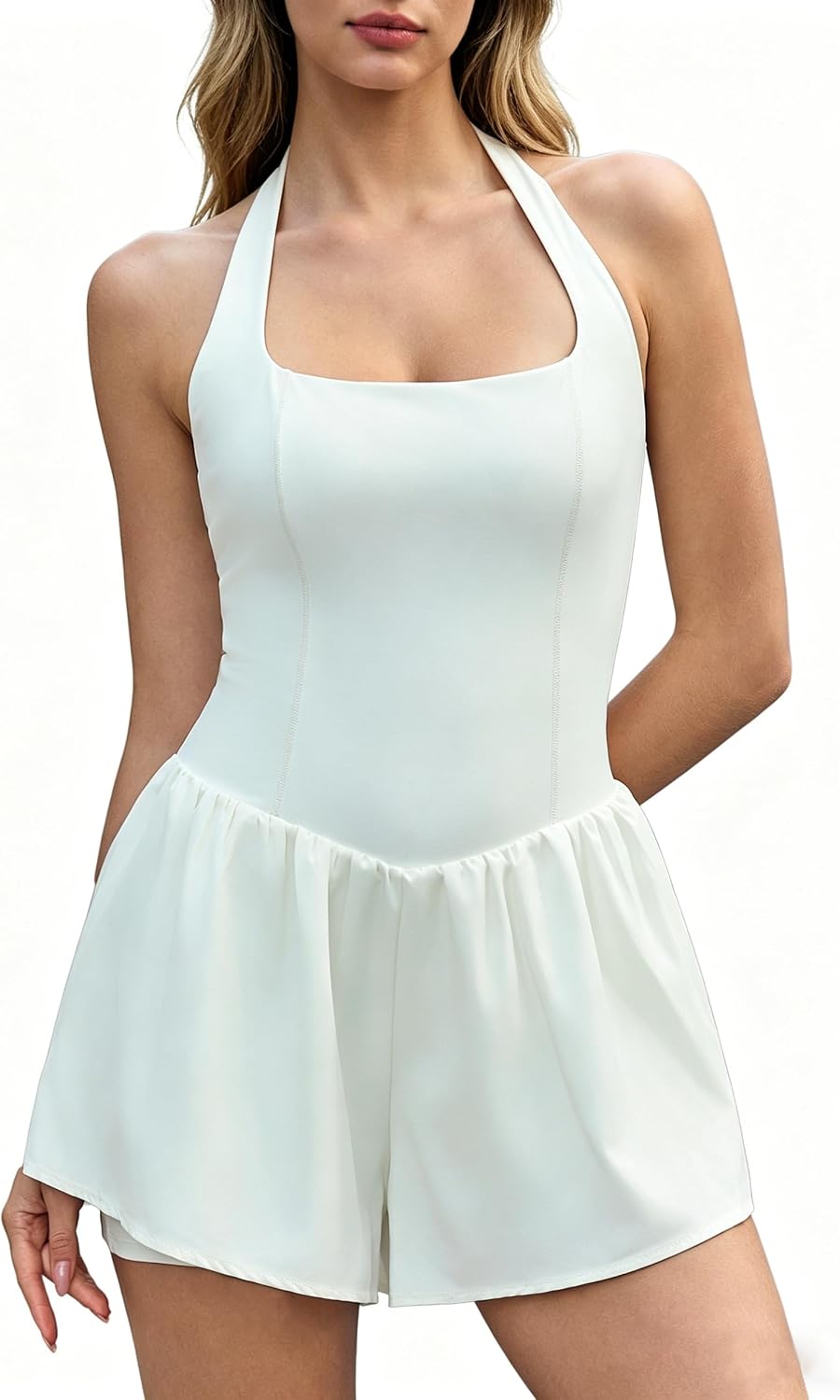 QINSEN Women's Halter Square Neck Romper Sleeveless Double Lined Jumpsuit Casual One Piece Outfit with Pocket