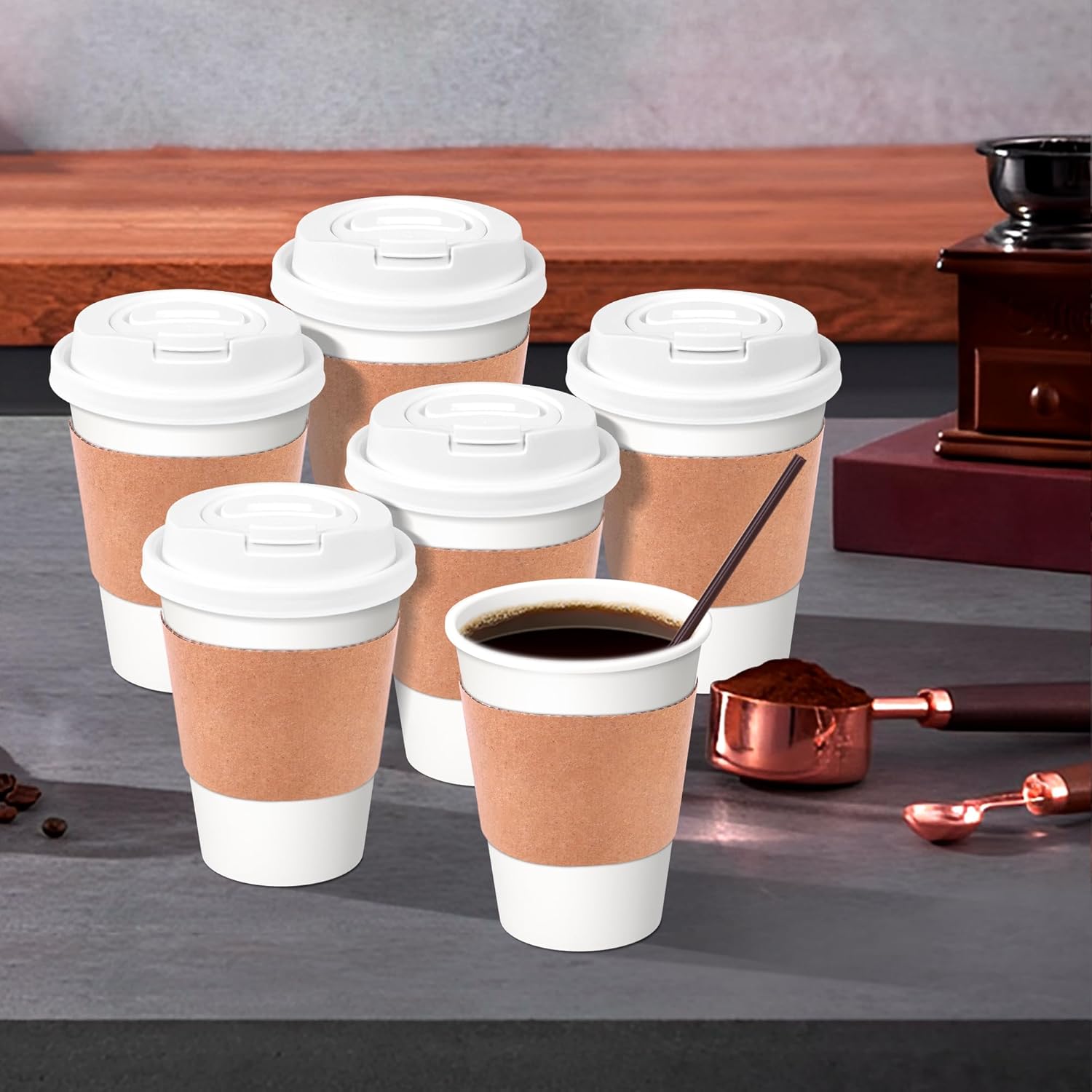 12 oz Disposable Coffee Cups with Lids, Sleeves and Stirrers 100 Pack, Hot Cups with Lids, Leak-Proof To Go Cups for Hot Chocolate, Cocoa, Office, Coffee Bar Accessories - Image 6