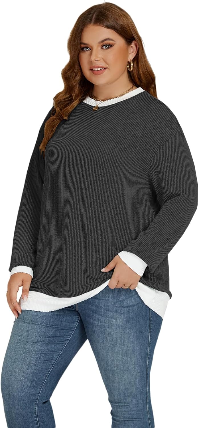 VISLILY Women's Plus Size Tops Casual Long Sleeve T Shirts Fashion Color Block Loose Fit Cute Crewneck Tunics 3X Black - Image 4