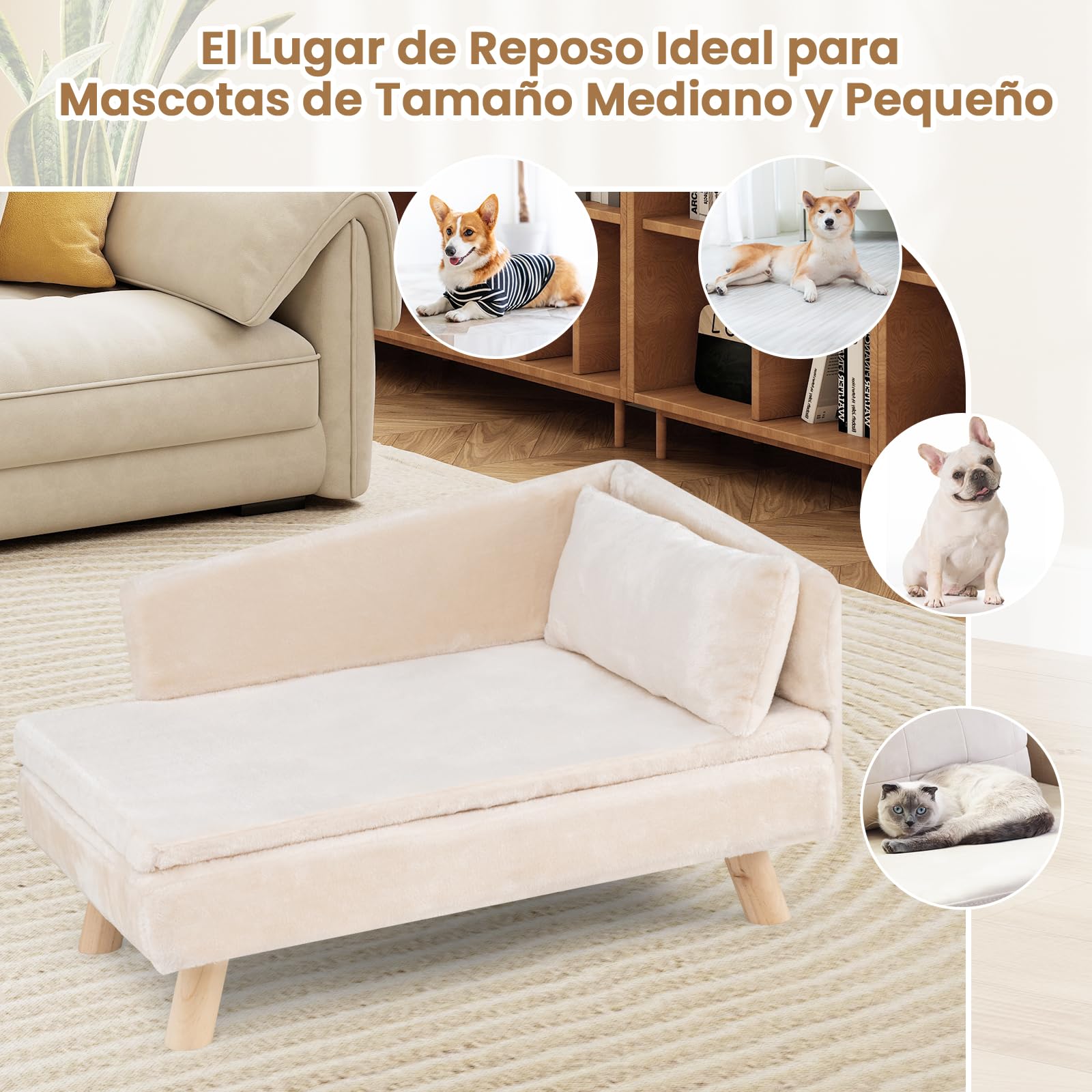 GOPLUS Sofá para Perros, Cama Elevada para Perros con Respaldo Alto, Cojín Acolchado Extraíble y Patas de Soporte de Madera Maciza, Sofá Lavable para Perros y Gatos Medianos y Pequeños (Blanco)
