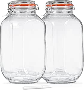 1 Gallon Square Storage Jars with Airtight Lids, 2 Pack Large Pickle Jars for Fermenting, Clear Glass Canister for Flour, Cookie, Candy, Kombucha, Sun Tea (Extra Labels and Gasket)