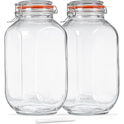 1 Gallon Square Glass Storage Jars with Airtight Lids, 2 Pack Large Glass Pickle Jars for Fermenting, Clear Glass Canister for Flour, Cookie, Candy, Kombucha, Sun tea(Extra Labels and Gasket)