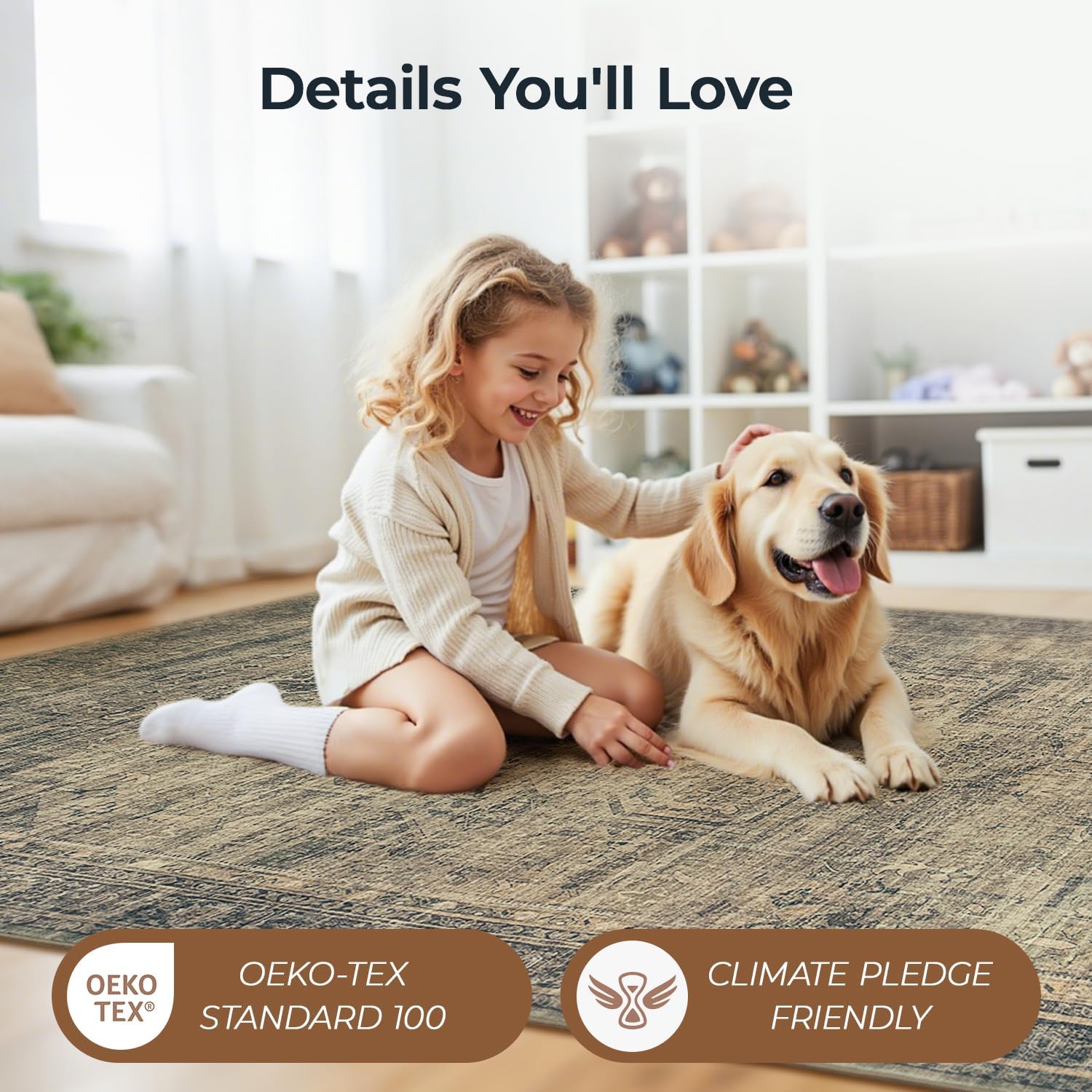 Washable Brown Area Rugs 6x9 for Bedroom, Non-Skid Stain Resistant Carpet for Kids Room Under Dining Table Office, Soft Faux Wool Neutral Distressed Rug for Living Room