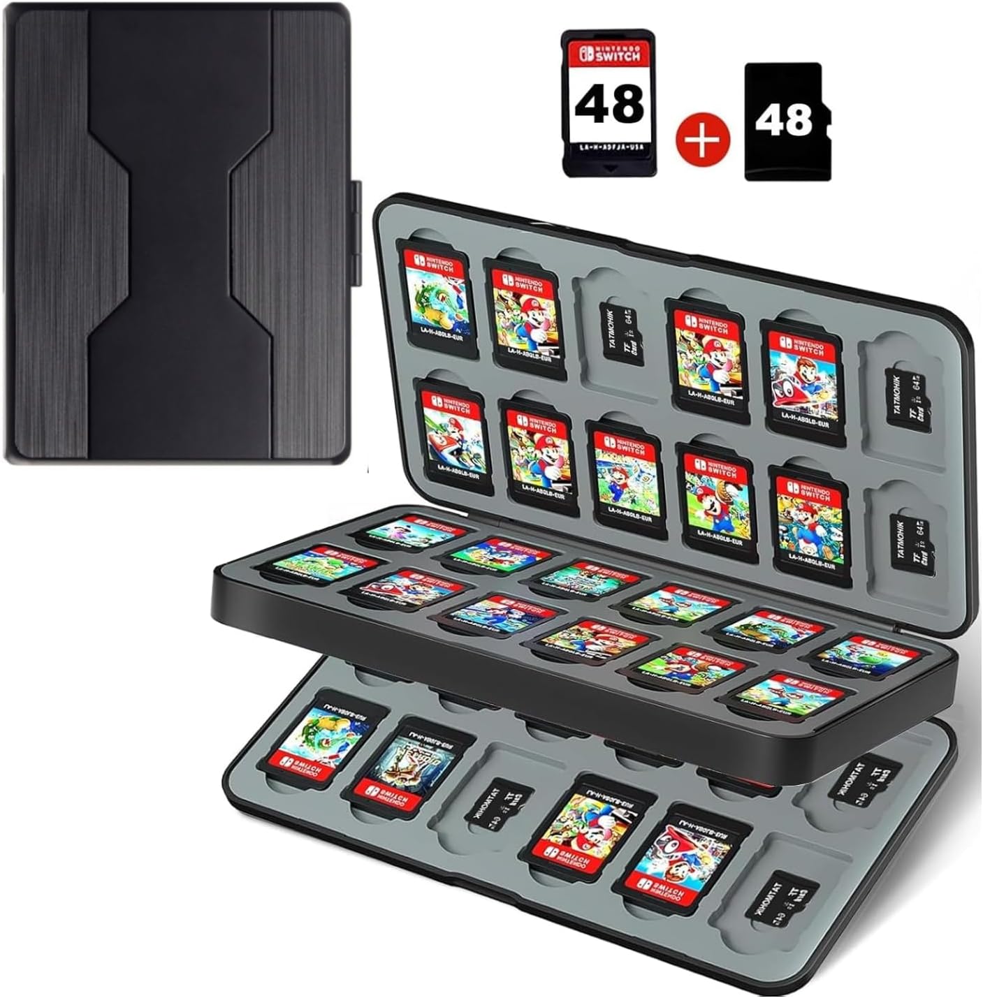 Nintendo Switch Game Card Case - Black Nintendo Switch Game Holder for Nintendo Switch Cartridge Case with 48 Game Card Slots & 48 Micro SD Card Slots, Switch Card Case- Hard Shell