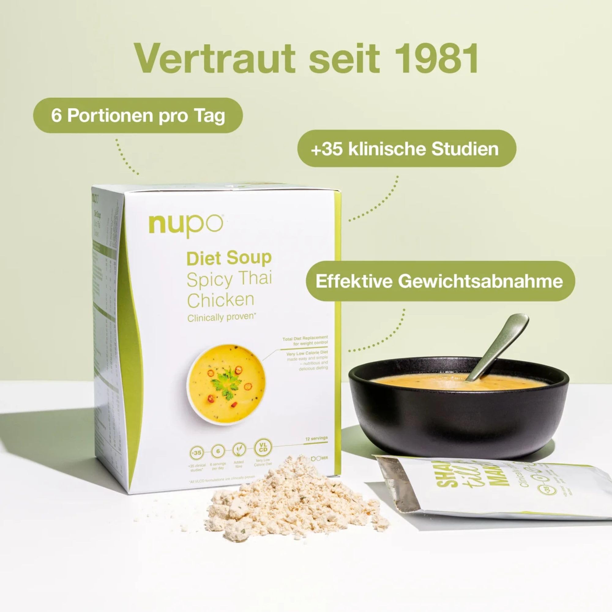 NUPO® Diät Suppe (Spicy-Thai Chicken) | Glutenfrei & Wenig Kalorien | Eiweißreicher Mahlzeitenersatz Pulver Fastensuppe | Diät Suppen zum Abnehmen | Vitamine & Mineralstoffe | Low Carb Suppen