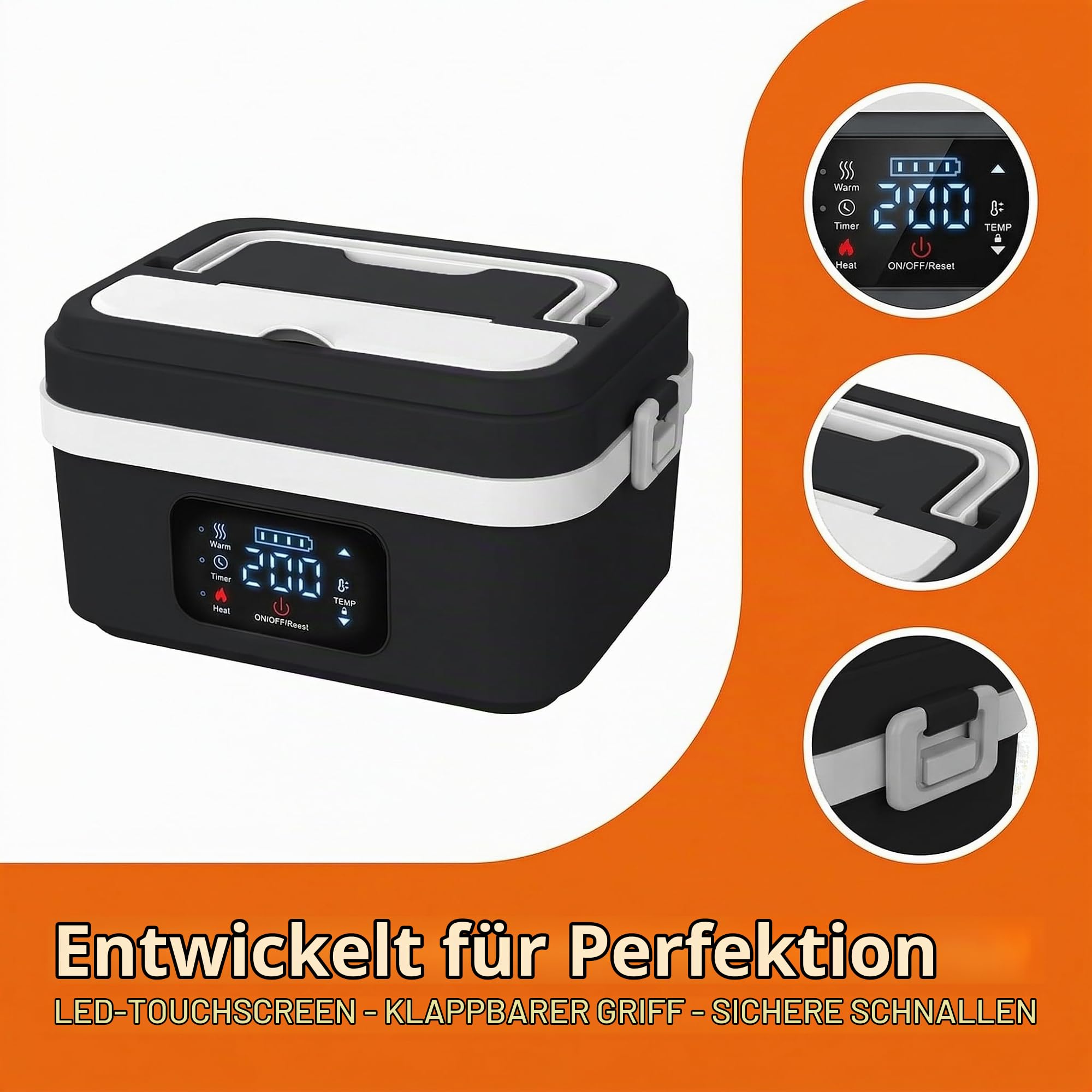 Elektrische Lunchbox Erwachsene mit Akku, 1L, 6 Temperatursstufen, Timer | 65-90 ℃, Leckdicht, LCD Display mit Isoliertasche