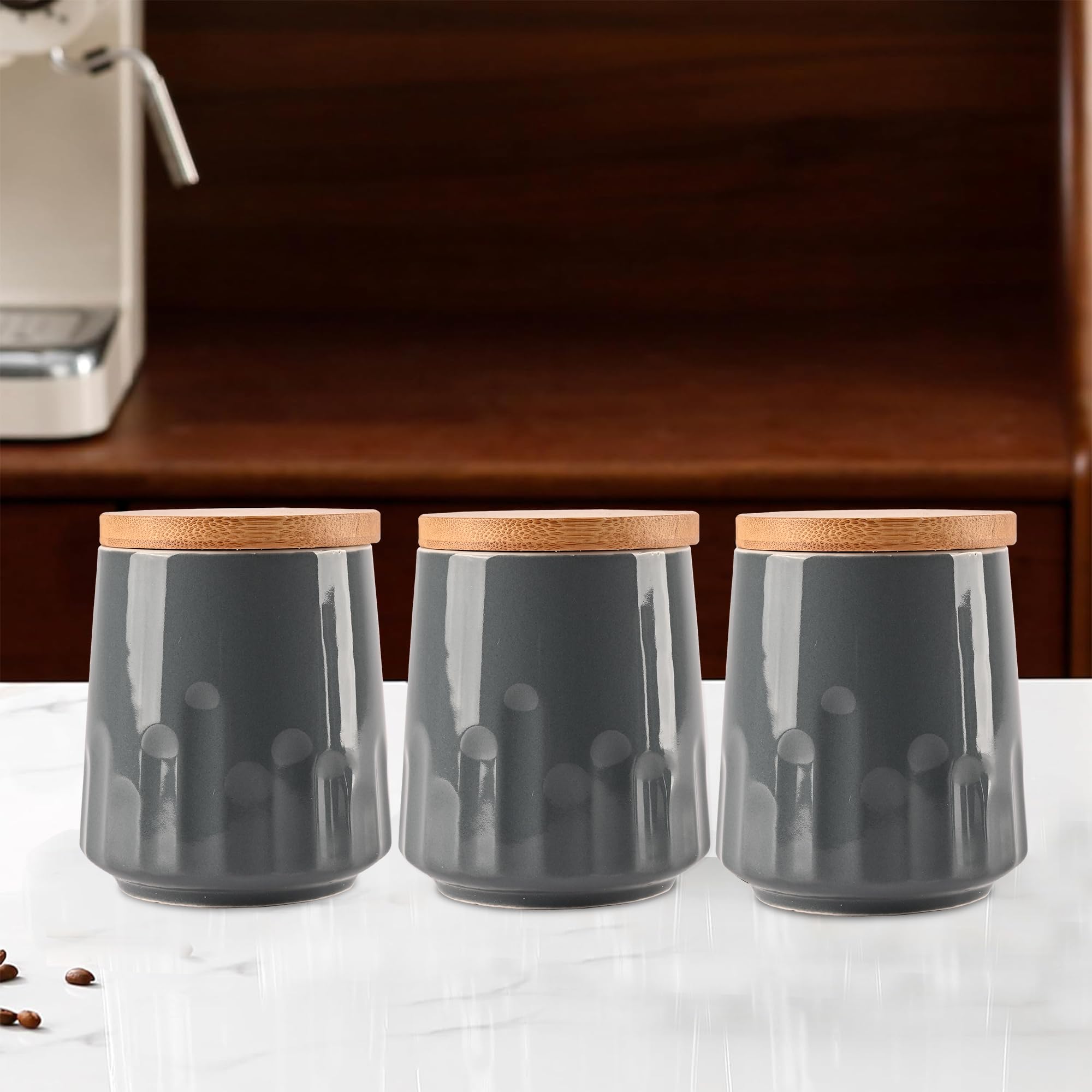 Kuber Industries Set of 3 Airtight Ceramic Salt Jar Storage Set with Bamboo Wooden Lid For Kitchen Condiment | Chini Mitti Barni Pots Container for Achar, Sugar & Tea | Grey