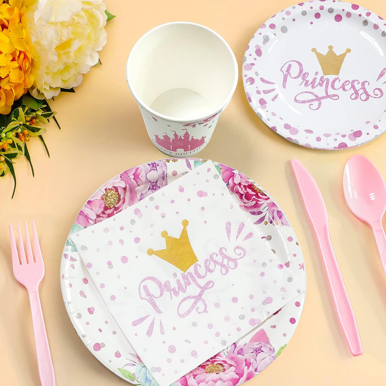 NAIWOXI Princess Birthday Party Supplies - Princess Party Decorations Tableware Set Include Plates, Napkins, Cups, Cutlery, Tablecloth, Straws, for Girls Princess Baby Shower Decorations | Serve 24 : Home & Kitchen