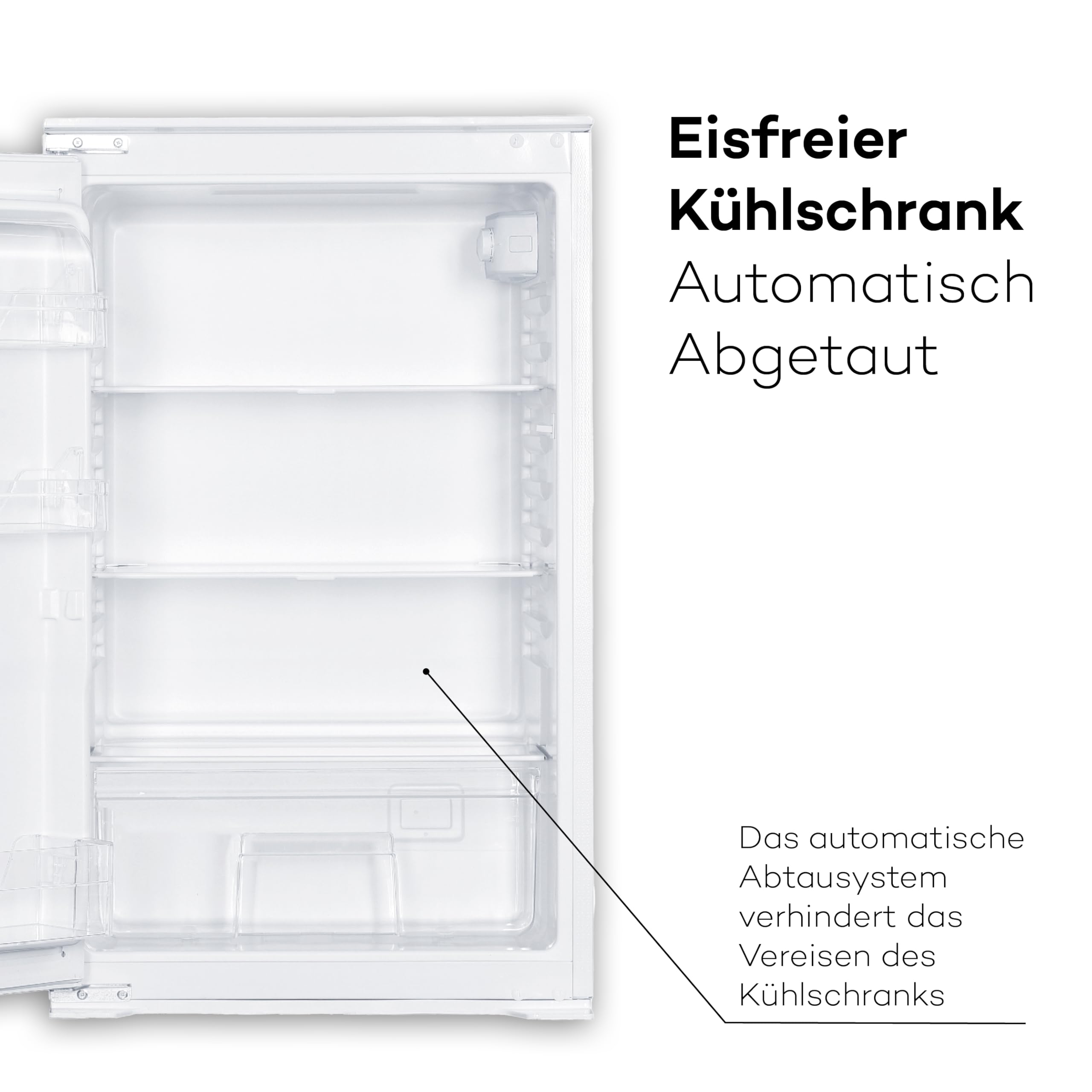 SCHOEPF – KSE510A+ Einbau-Kühlschrank 129 L – Leise 39 dB – Automatisches Abtauen – 88 x 54 x 54 cm – Wechselbarer Türanschlag – Vollraum-Kühlschrank mit Glasablagen und Gemüseschublade