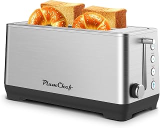 4-Slice Toaster, Extra Wide Long Slot Toaster, 6 Browning Settings, Bagel/Defrost/Reheat Functions, Removable Crumb Tray, Stainless Steel Housing 1350W (Stainless Steel)