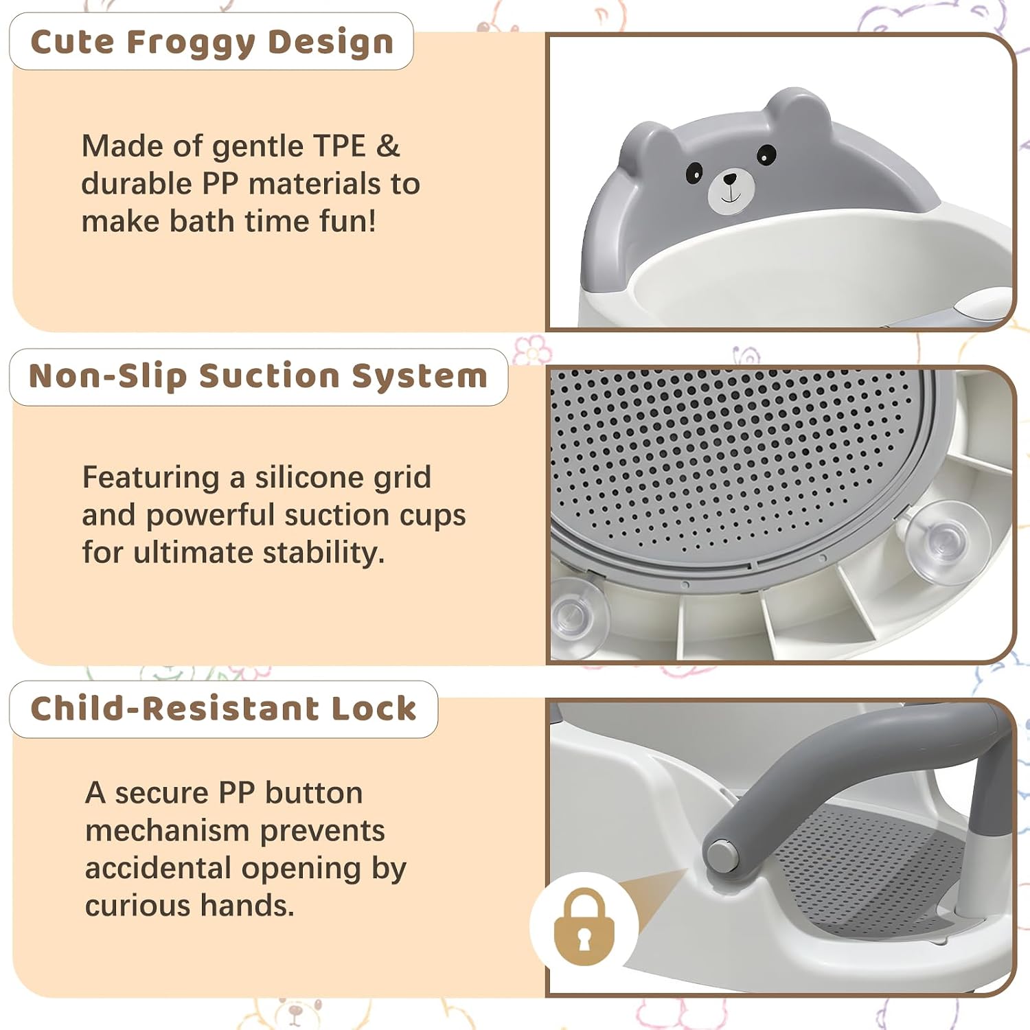 Baby Bath Seat for Babies 6 Months & Up, Non-Slip Toddler Bath Seat with Suction Cup, Baby Friendly and Comfortable Portable Infant Bathtub Chair Sitting Up for Bathroom (Grey)