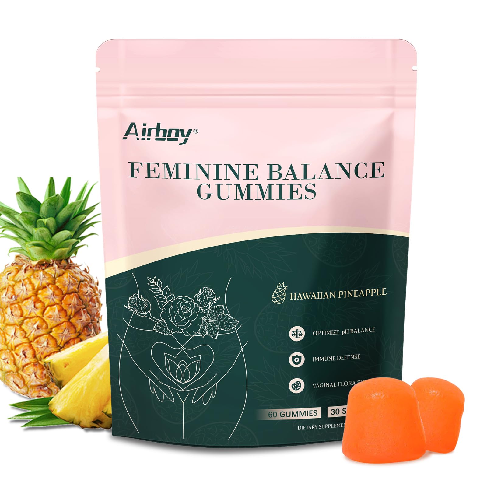 Airboy Gomas probióticas para mulheres com Bacillus coagulans, vitamina C e abacaxi, 10 bilhões de UFC, 60 gomas