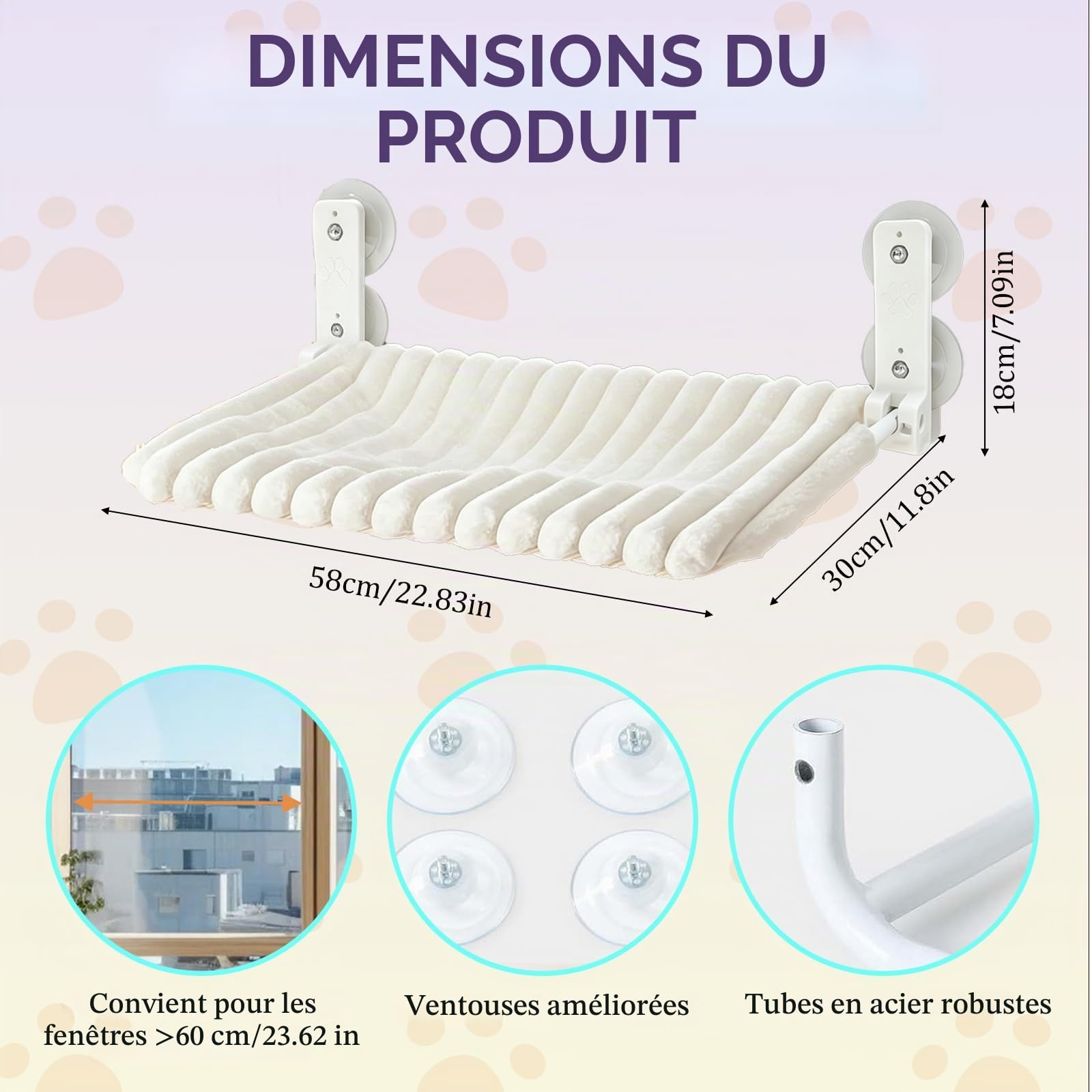 Hamac Chat Fenetre, Perchoir Chat Fenetre avec 4 Ventouses, Cadre Acier Épais Solide,Lit Peluche Pliable, Hamac pour Chats, Facile à Démonter, Supporte Jusqu'à 18kg