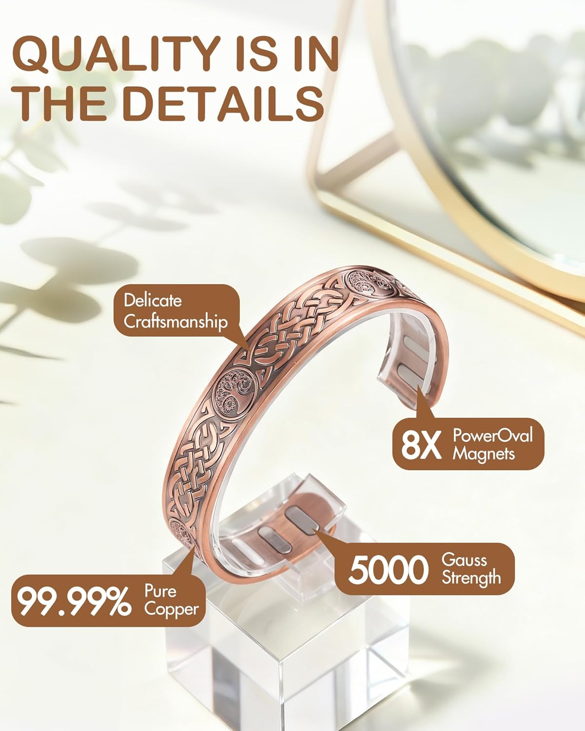 Feraco Copper Bracelet for Men, 5X Ultra Strength Magnetic Cuff Bangle with 5000 Gauss Neodymium Magnets, 99.99% Pure Copper Jewelry Gift, Adjustable - Image 5