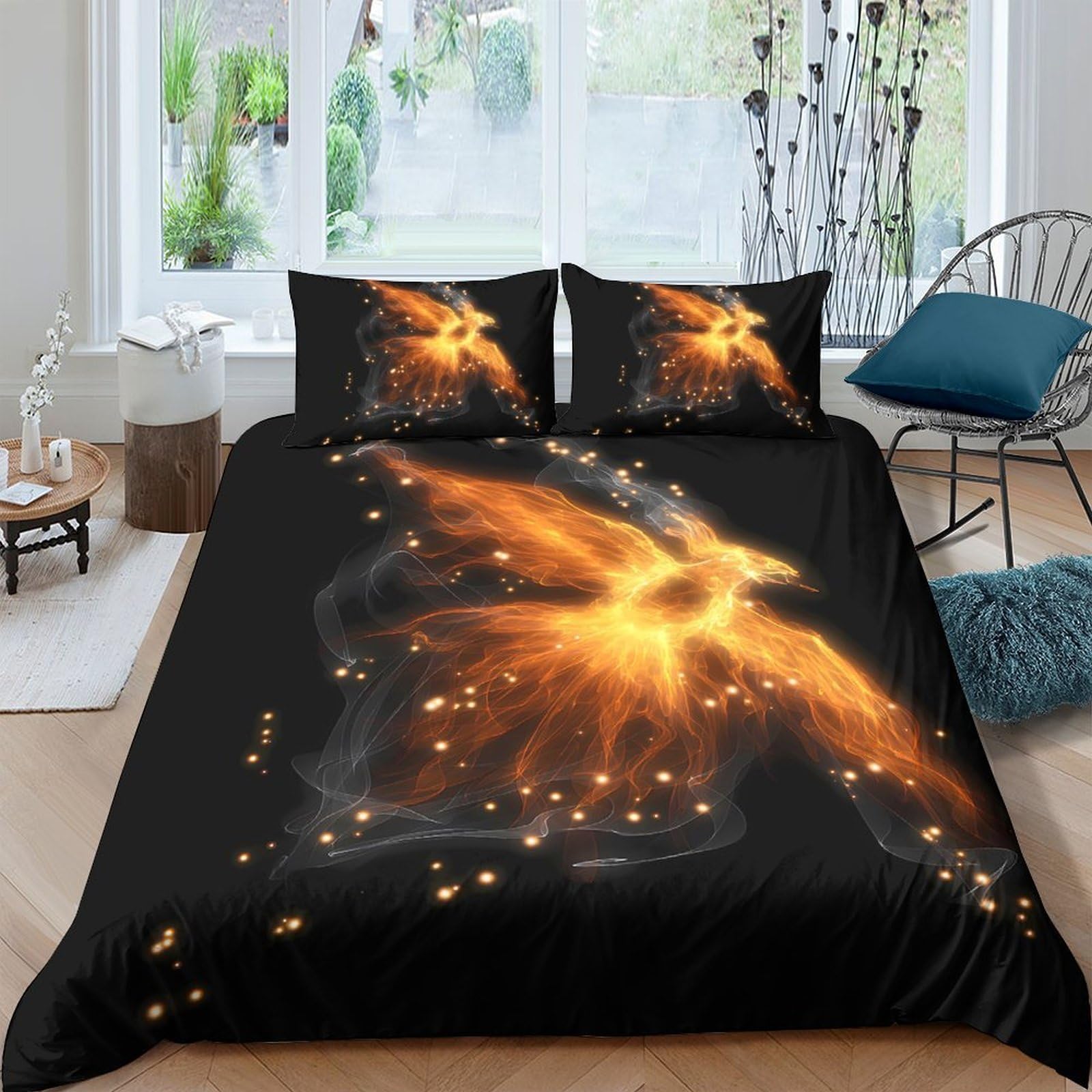 Ctjqhvkz Style-8 3D Printed Fiery Phoenix Fitted Sheet Microfiber Soft Black Gold Mattress Cover For Bedroom Dorm Decor Protection Single（135X200cm）