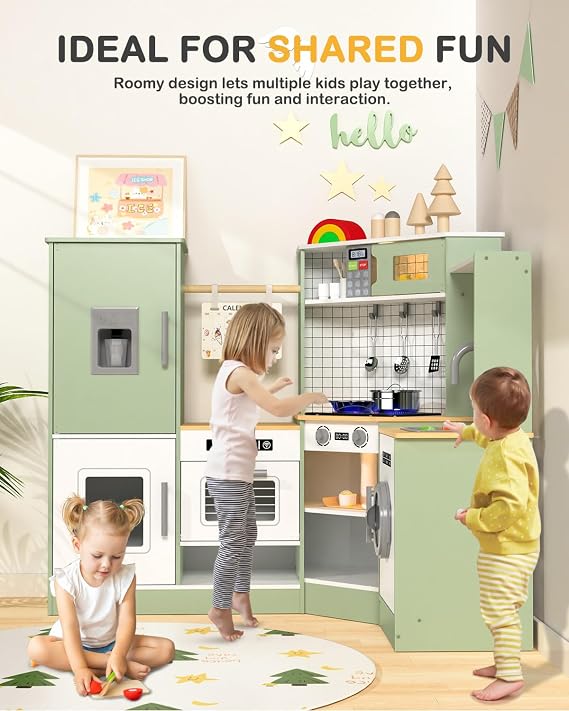 Babytronic Wooden Corner Kids Play Kitchen, Pretend Play Toy Gift for Kids | L-Shaped Kitchen with Lights & Sounds, Includes Ice Maker, Microwave, Oven, Sink & Washing Machine with Accessories (Green)