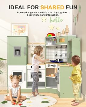 Babytronic Wooden Corner Kids Play Kitchen, Pretend Play Toy Gift for Kids | L-Shaped Kitchen with Lights & Sounds, Includes Ice Maker, Microwave, Oven, Sink & Washing Machine with Accessories (Green)