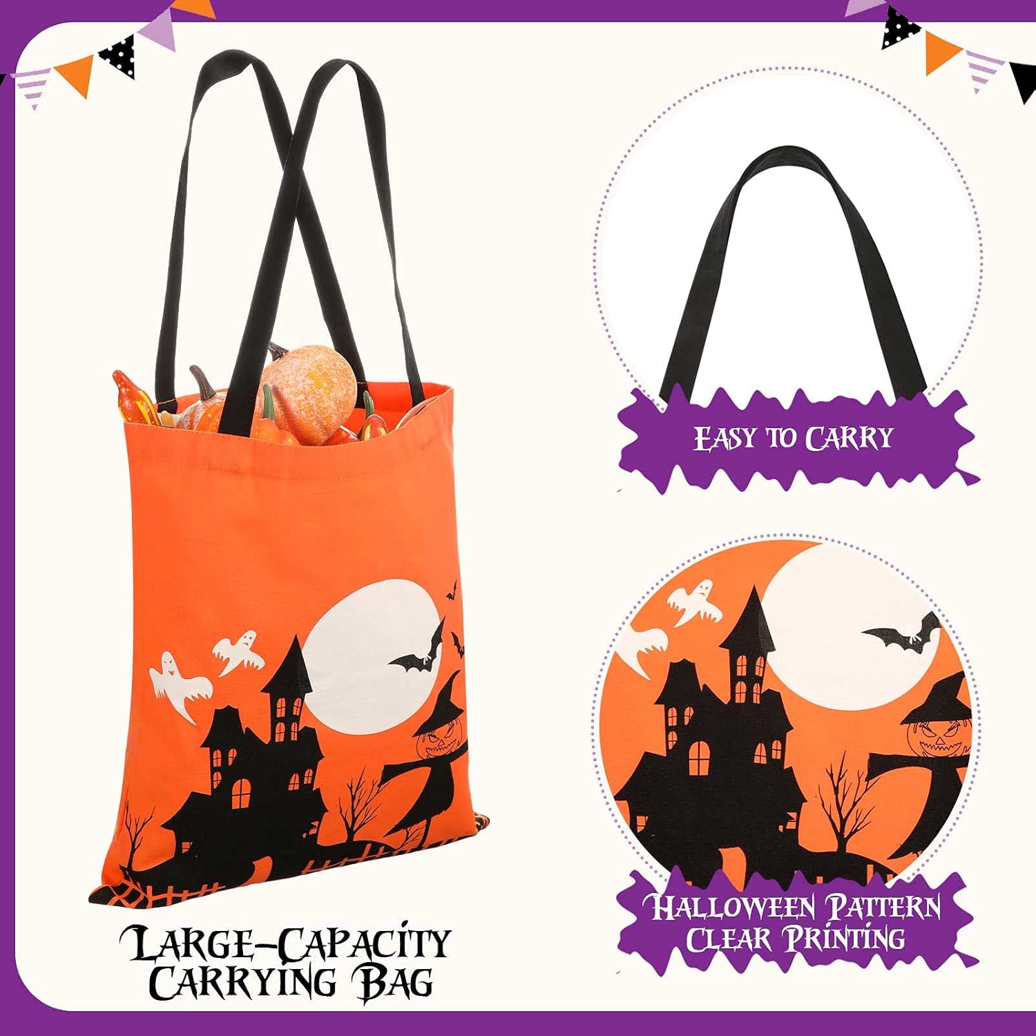 4 Large Canvas Tote Bags - Reusable Trick or Treat Bags for Halloween Party or Daily Supplies - Image 5