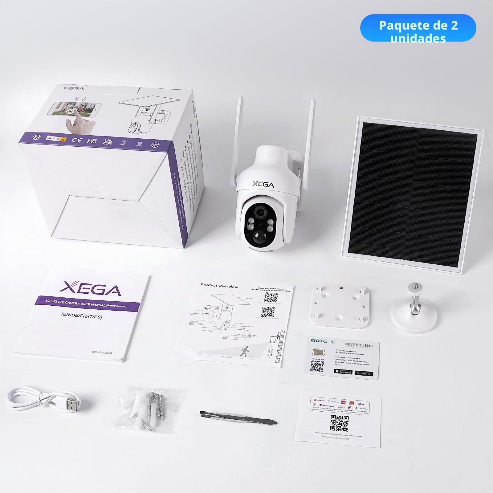 Xega 4G LTE Camara Solar con Tarjeta SIM,2K HD PTZ Camara Exterior sin WiFi | Panel Solar 6W Baterías 10400mAh, Foco y Sirena Visión Nocturna en Color PIR Detección Humana Almacenamiento TF/Cloud IP66