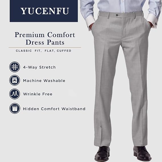 Men's Cozy Hidden Expandable Waist Dress Pants | Premium Stretch Texture Weave Work to Weekend Pants