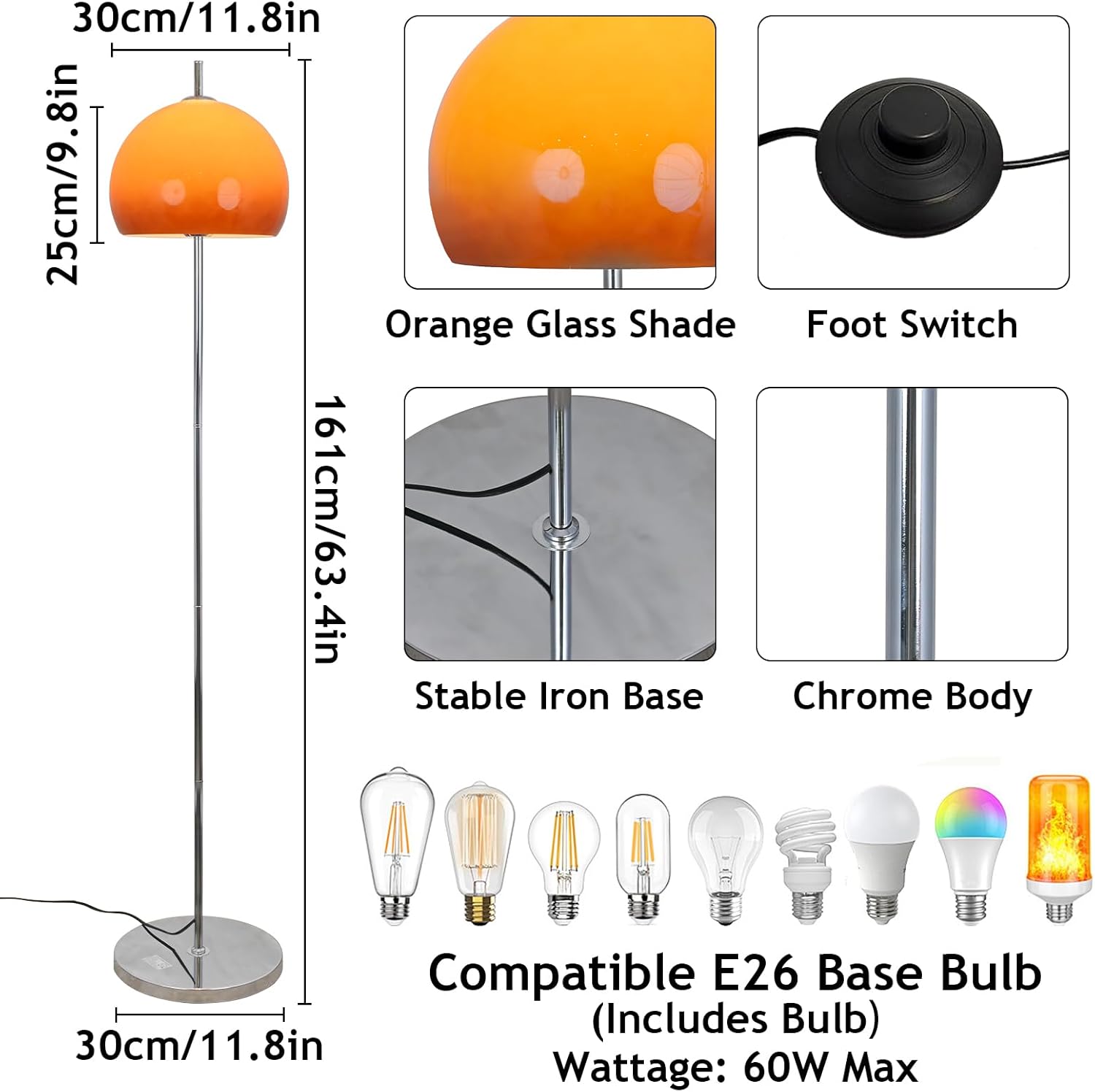 Mid Century Mushroom Floor Lamp 63" Orange Floor Lamp Globe Glass Standing Lamp with E26 Dimmable Chrome Iron Tall Light for Living Room Bedroom Study Dining Room(Includes Bulb)