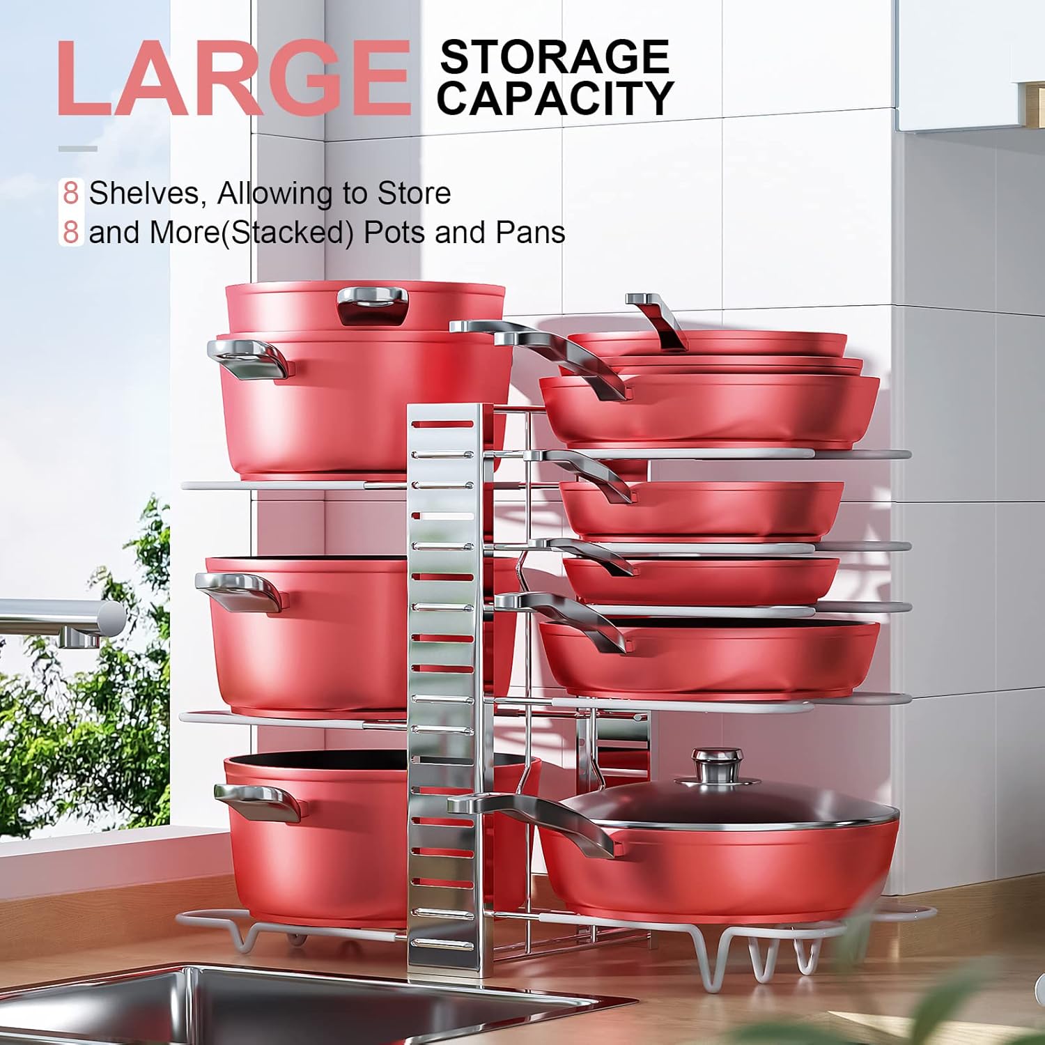MUDEELA Adjustable 8-Tier Iron Pots and Pans Organizer for Cabinet, Silver, Protective Kitchen Storage
