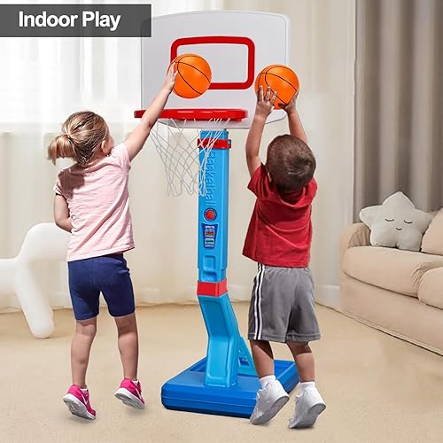 Miniatura 10 de Aro de baloncesto ajustable para niñas pequeñas, mini portería de baloncesto rosa con bomba de bola para exteriores, juguetes junto a la piscina