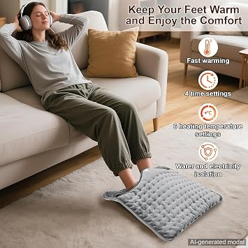Qoosea Electric Heated Foot Warmers for Men and Women 16x16 Double Layer with 6 Temperature & 4 Timer Settings Fast Heating for Home Office Under Desk Bed Machine Washable Feet Warmers
