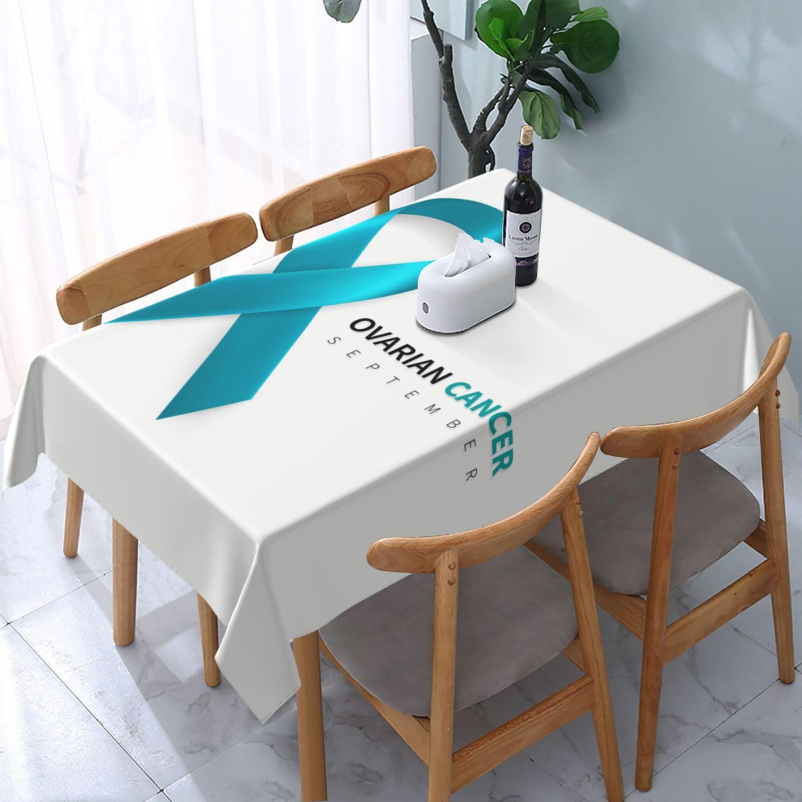 JunHeArt Ovarian Cancer Awareness Month In September We Wear Teal Tablecloth Rectangle Table Cover Washable Table Cloths Decor For Kitchen 54" X 72"
