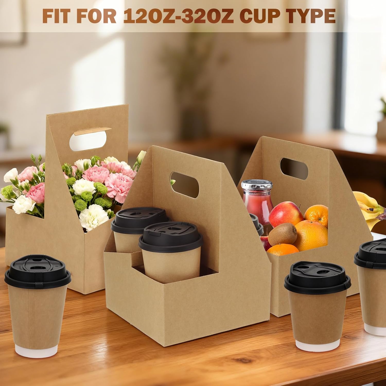 4 Cup Drink Coffee Carrier with Handle, 60 Pcs Paper Cup Holders Drink Holders Cardboard Disposable Beverage Tray Foldable Kraft to Go 12oz-32oz for Food Delivery Takeout Hot Cold Drinks