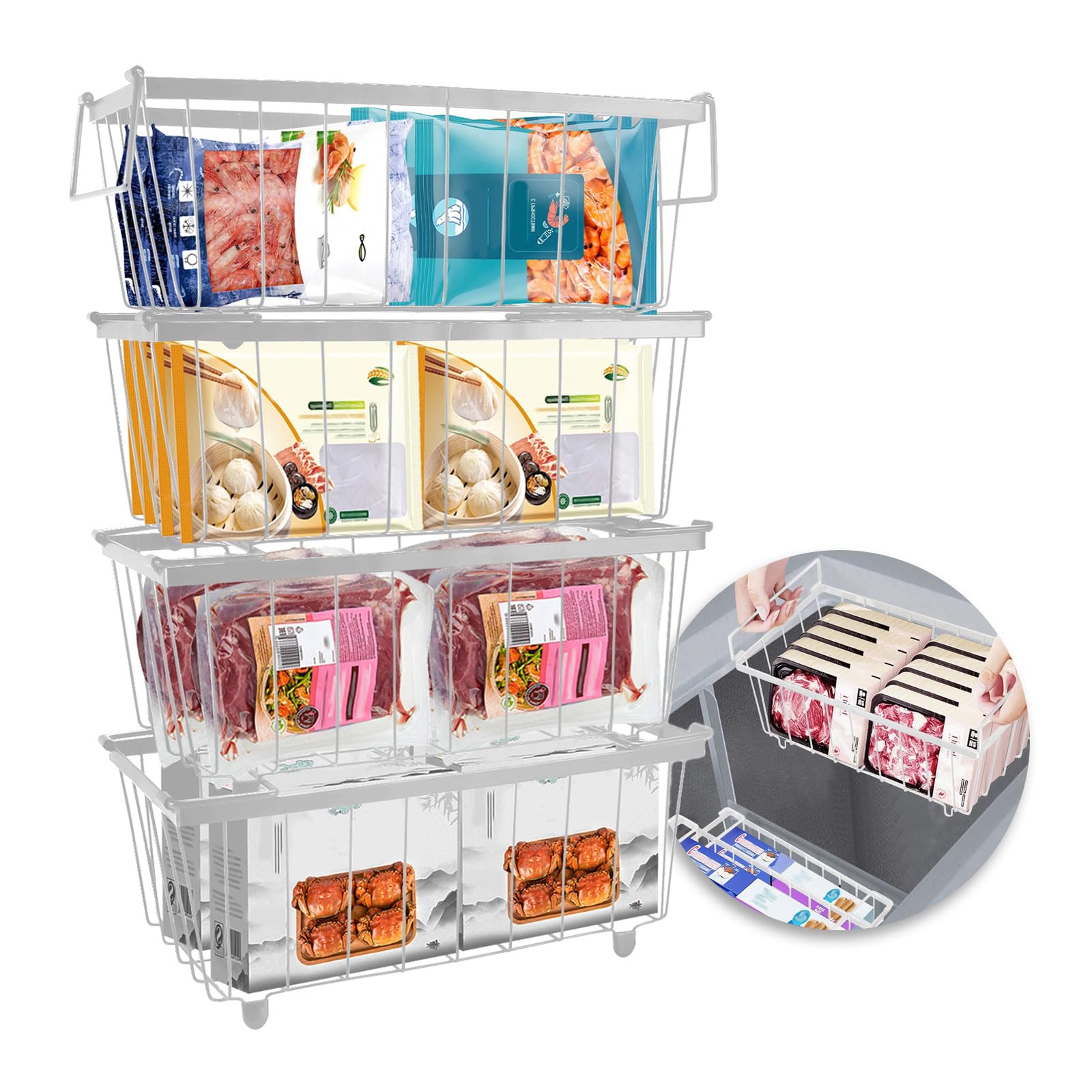 4 Pezzi Cestini per Congelatore a Pozzetto, 37.2x18x14cm Cestelli per Congelatore Impilabile con Manici Piegato e Fondo Antiscivolo, Cesto per Congelatore in Filo Metallo Cesto per Freezer 141-198L