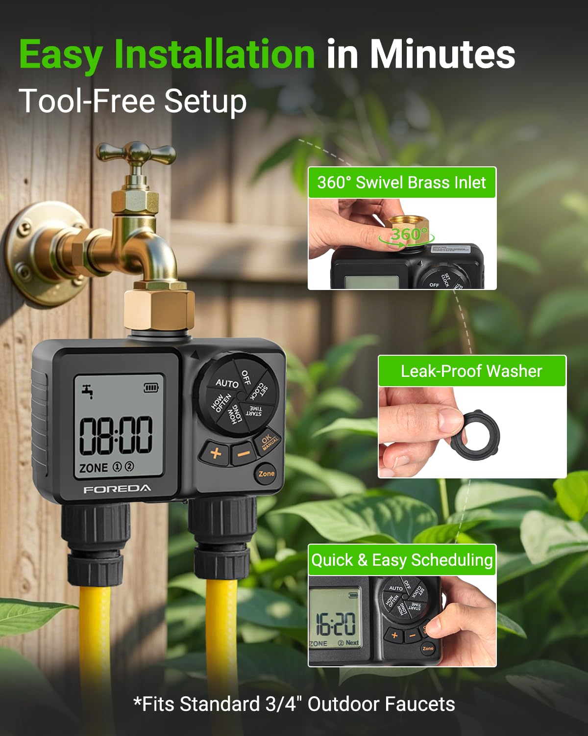 Temporizador de aspersor recargable de 2 salidas, entrada de latón, temporizadores de agua de riego programables para manguera de jardín con retardo de lluvia/modos manual/automático