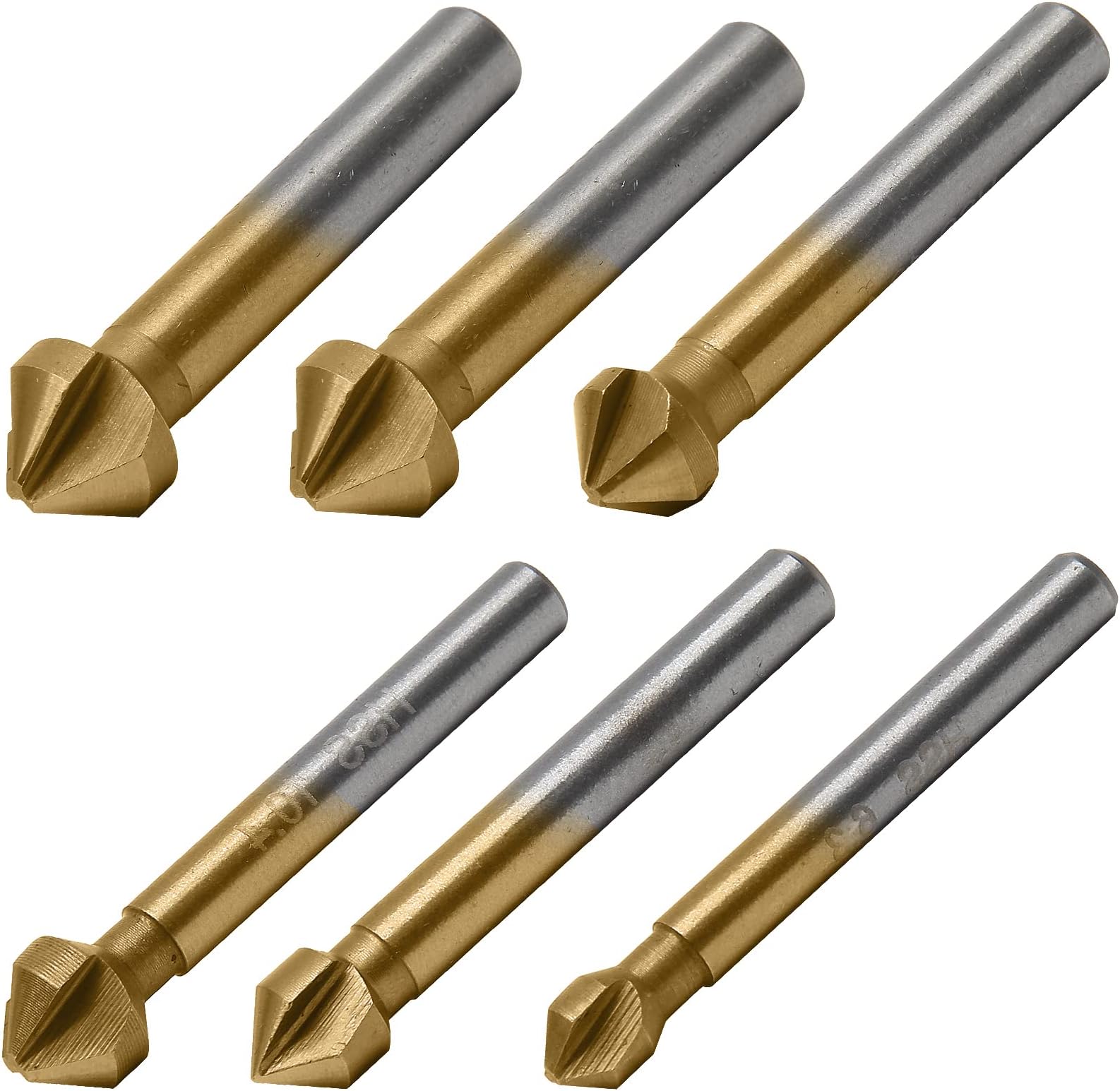 6 Pack 3 Flute 90 Degree Countersink Drill Bit Set, Titanium HSS Chamfering Tool Set Metric End Mill Cutter Bits, Deburring Chamfering Bit for Metal, Wood, Aluminum, Stainless Steel