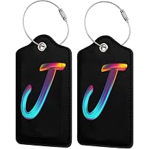 2 Pack Initial Luggage Tags for Suitcase, Colorful Letter Design Cruise Name Bag Tags, Novelty Baggage Identifiers with Full Privacy Cover, Leather ID Label for Women Men Kids Travel, Rainbow Letter J